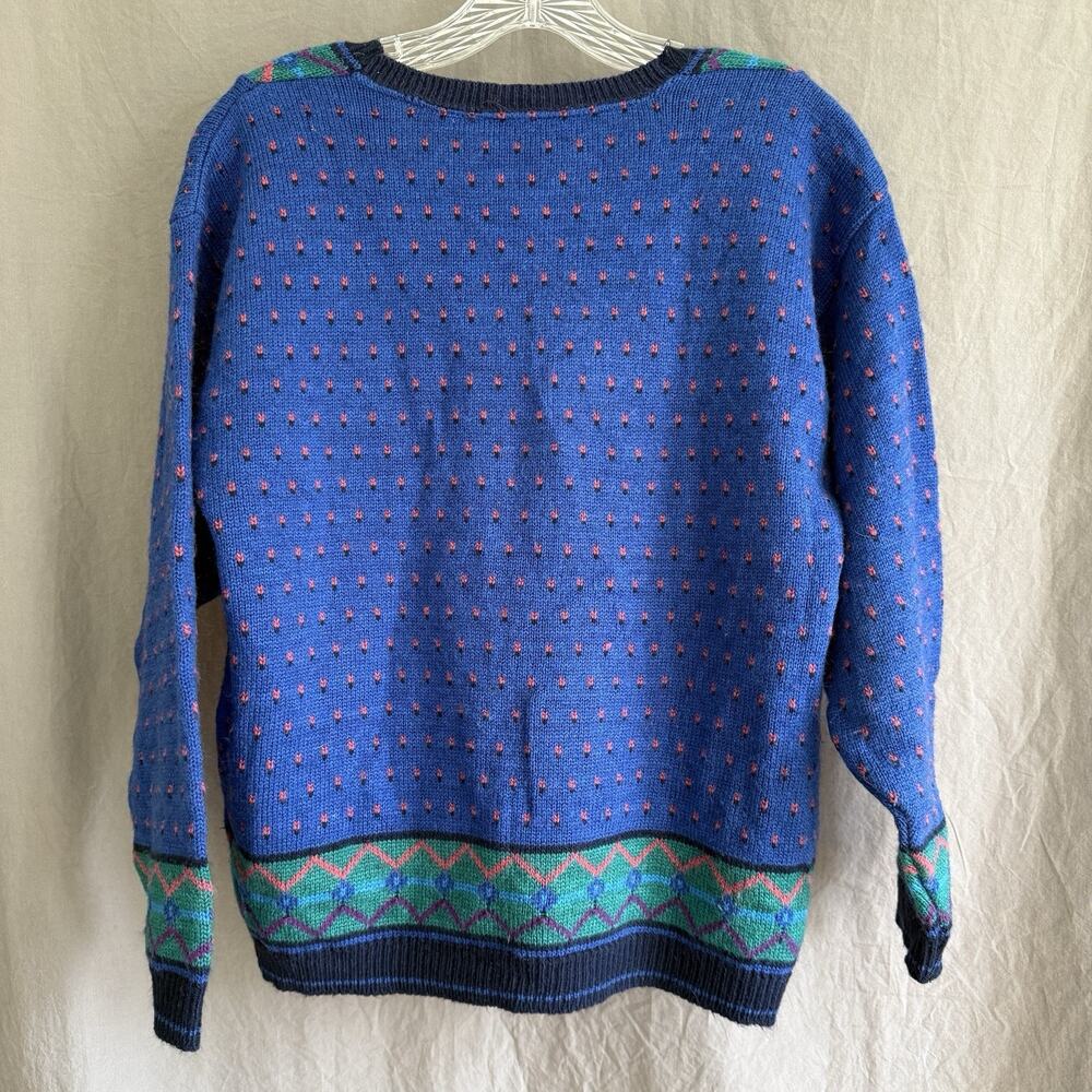 Vintage 80s Beldoch‎ Popper Women’s V-Neck Sweater Blue Green Geometric Size M - Picture 5 of 12
